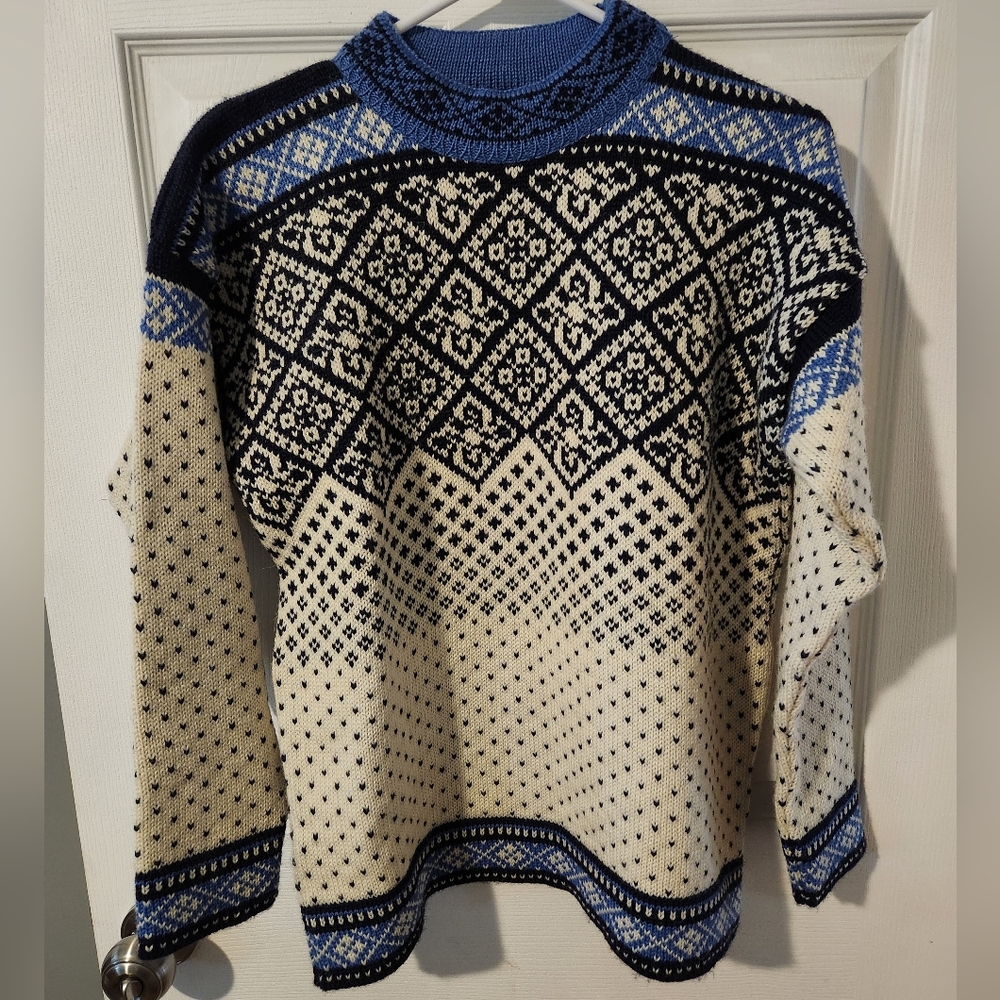 Fosse Wool‎ Sweater Women's XS Fair Isle Nordic Blue & White Made In Norway